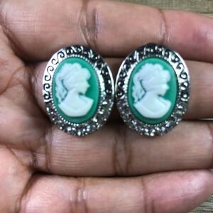 Vintage Oval Shaped Silver and Green Cameo Earrings
